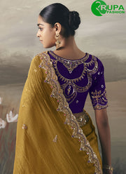 Mustard Tissue Contemporary Sari with Embroidered, Resham and Thread Work